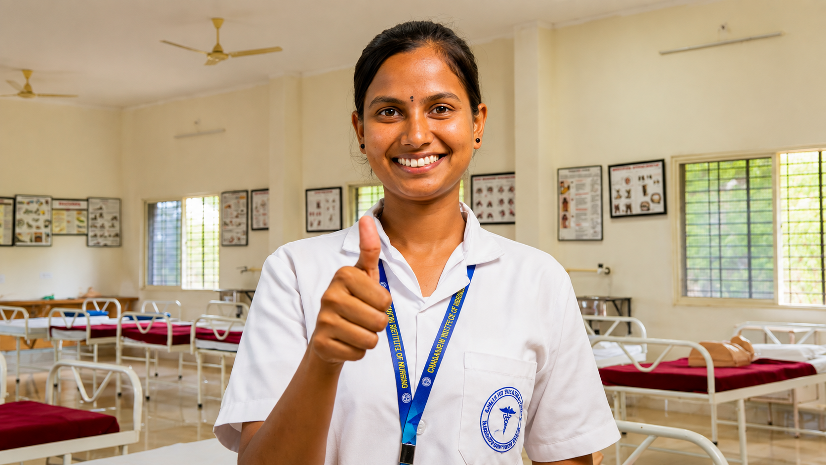 Nursing student smiling with a thumbs up