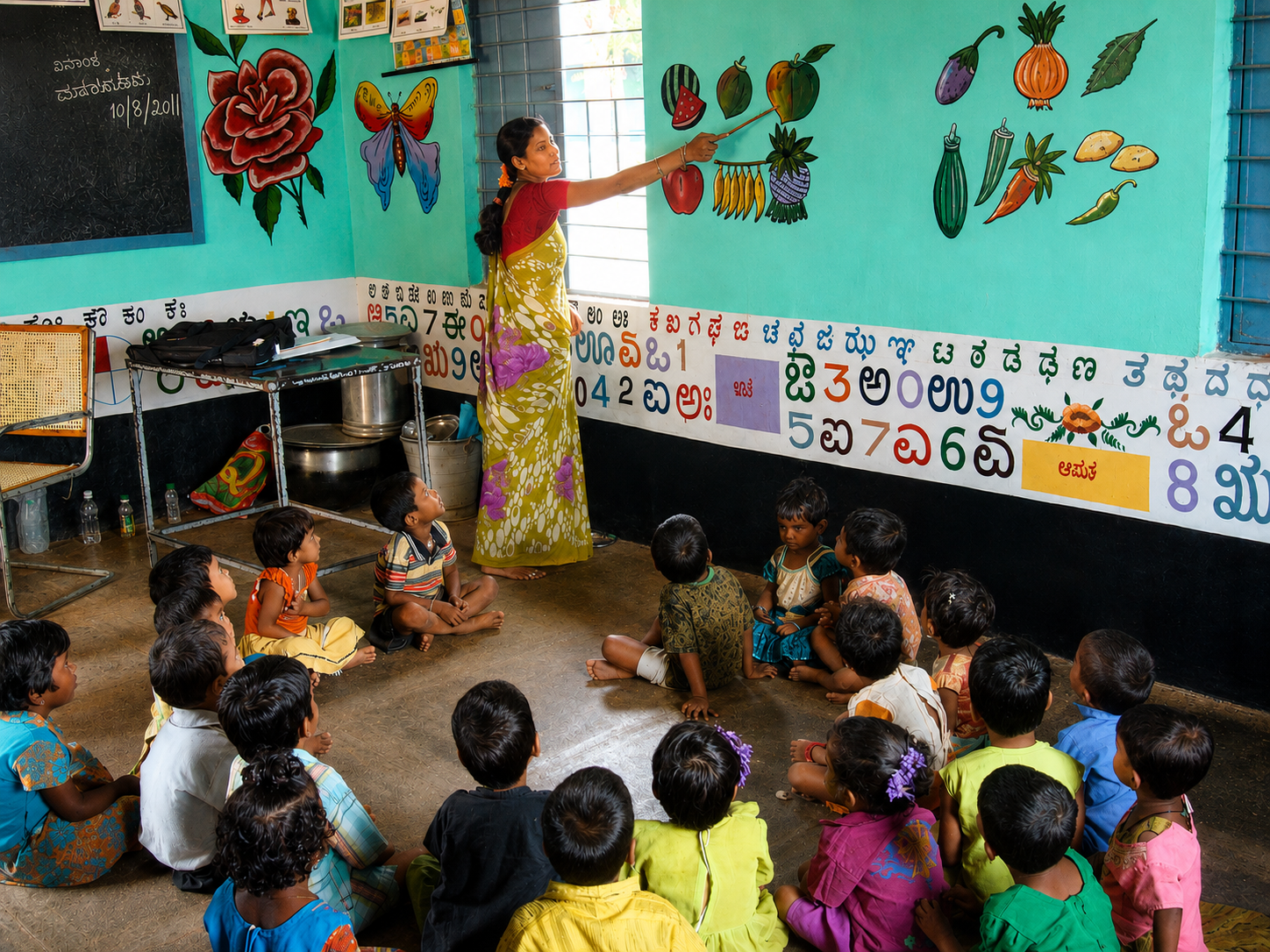 Teacher leading children in a colourful Bala Vikasa Centre