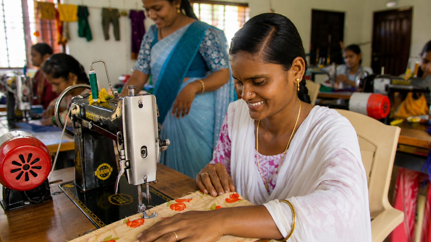 Woman developing sewing skills in a workshop