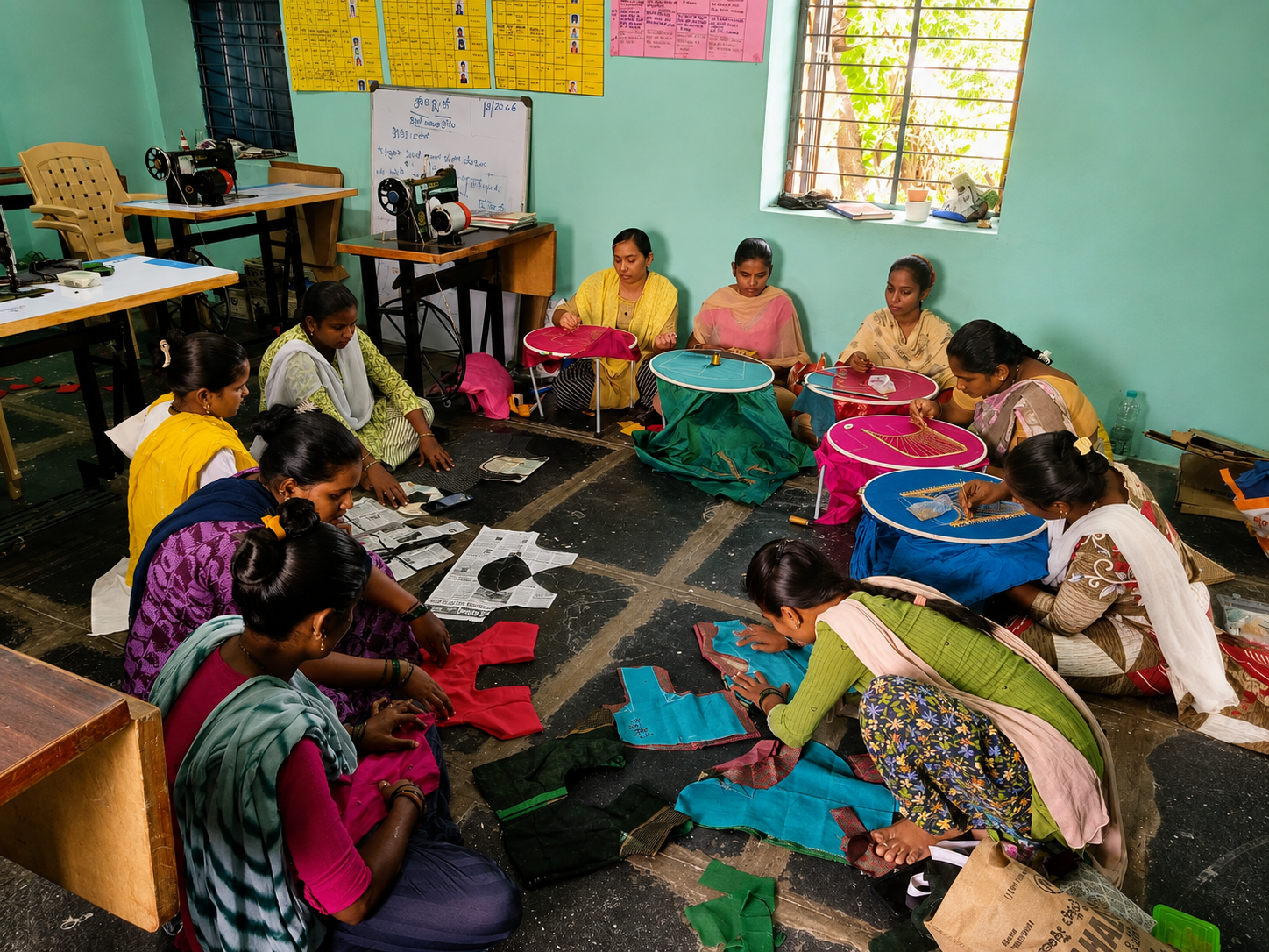 Women learning embroidery skills together